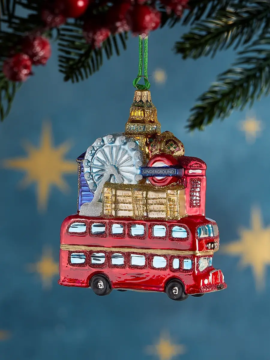 Exclusively Ours London Bus With Buildings Glass Ornament | Thumbnail 2 Exclusively Ours London Bus With Buildings Glass Ornament | Thumbnail 2
