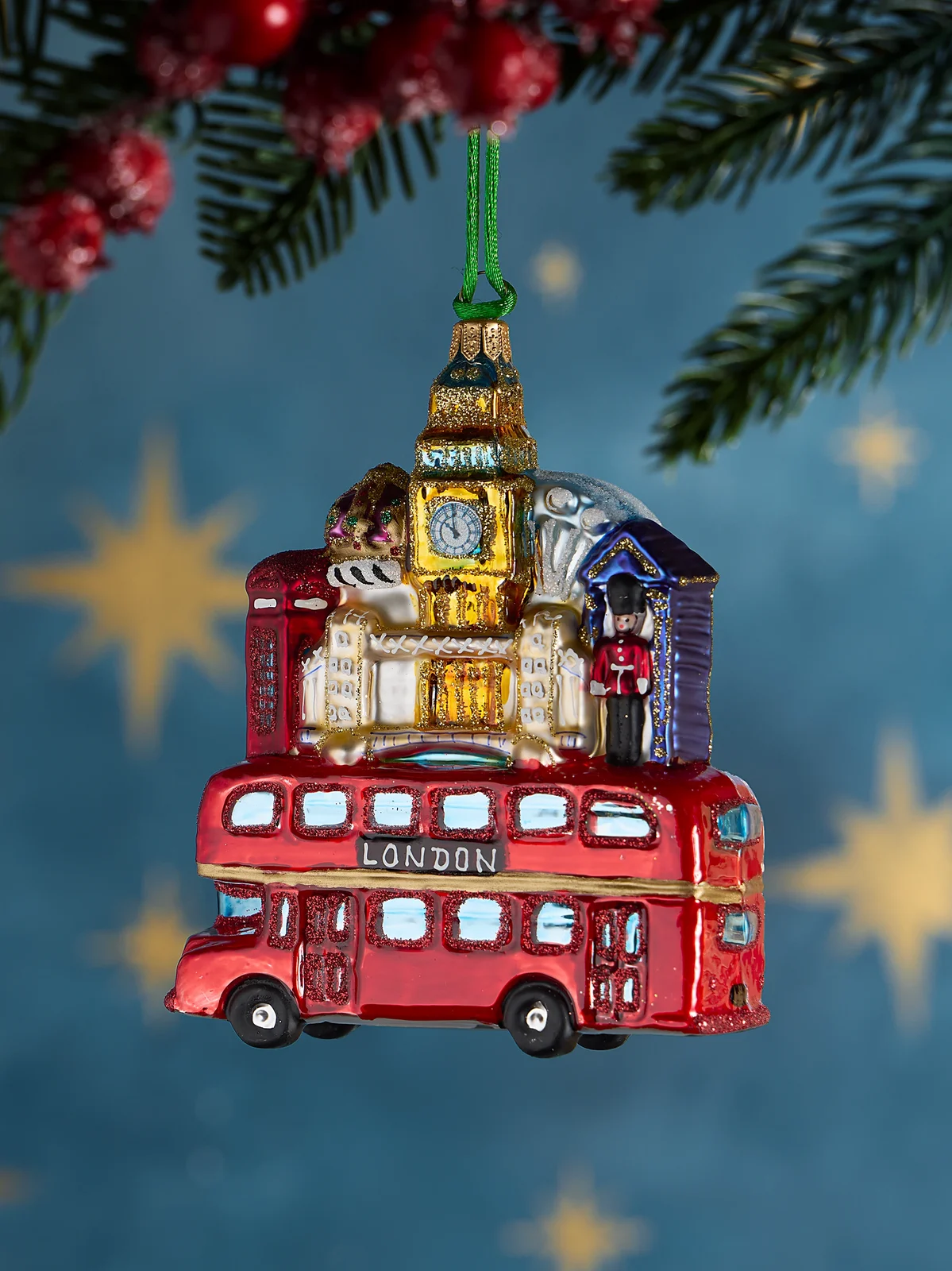 Exclusively Ours London Bus With Buildings Glass Ornament