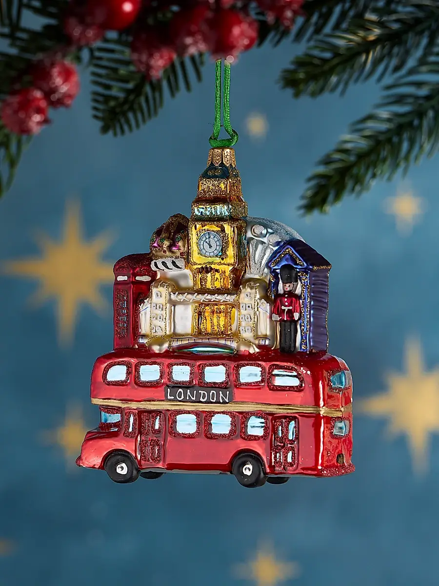 Exclusively Ours London Bus With Buildings Glass Ornament | Image 1 Exclusively Ours London Bus With Buildings Glass Ornament | Image 1