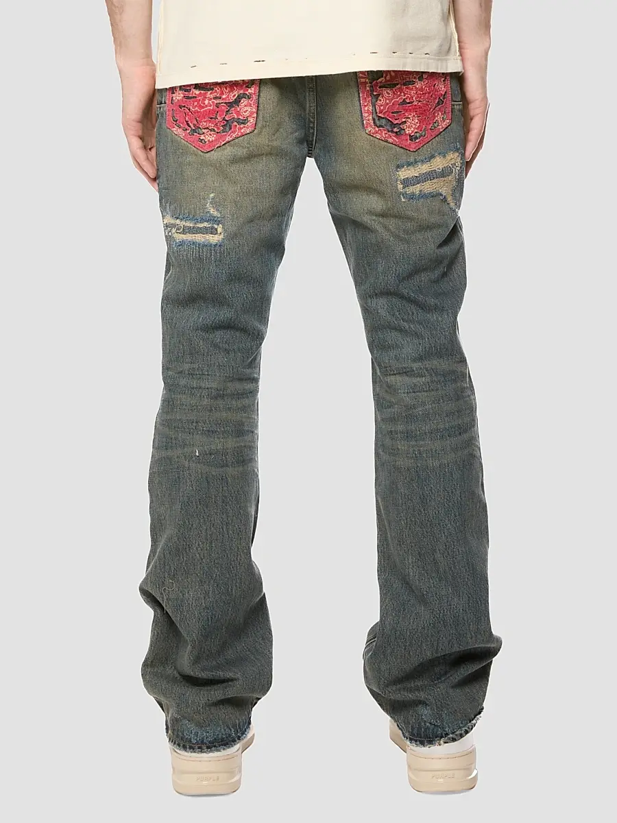 Purple Brand Men's Quilted Destroyed Mid Indigo Bootcut Jeans | Thumbnail 2 Purple Brand Men's Quilted Destroyed Mid Indigo Bootcut Jeans | Thumbnail 2