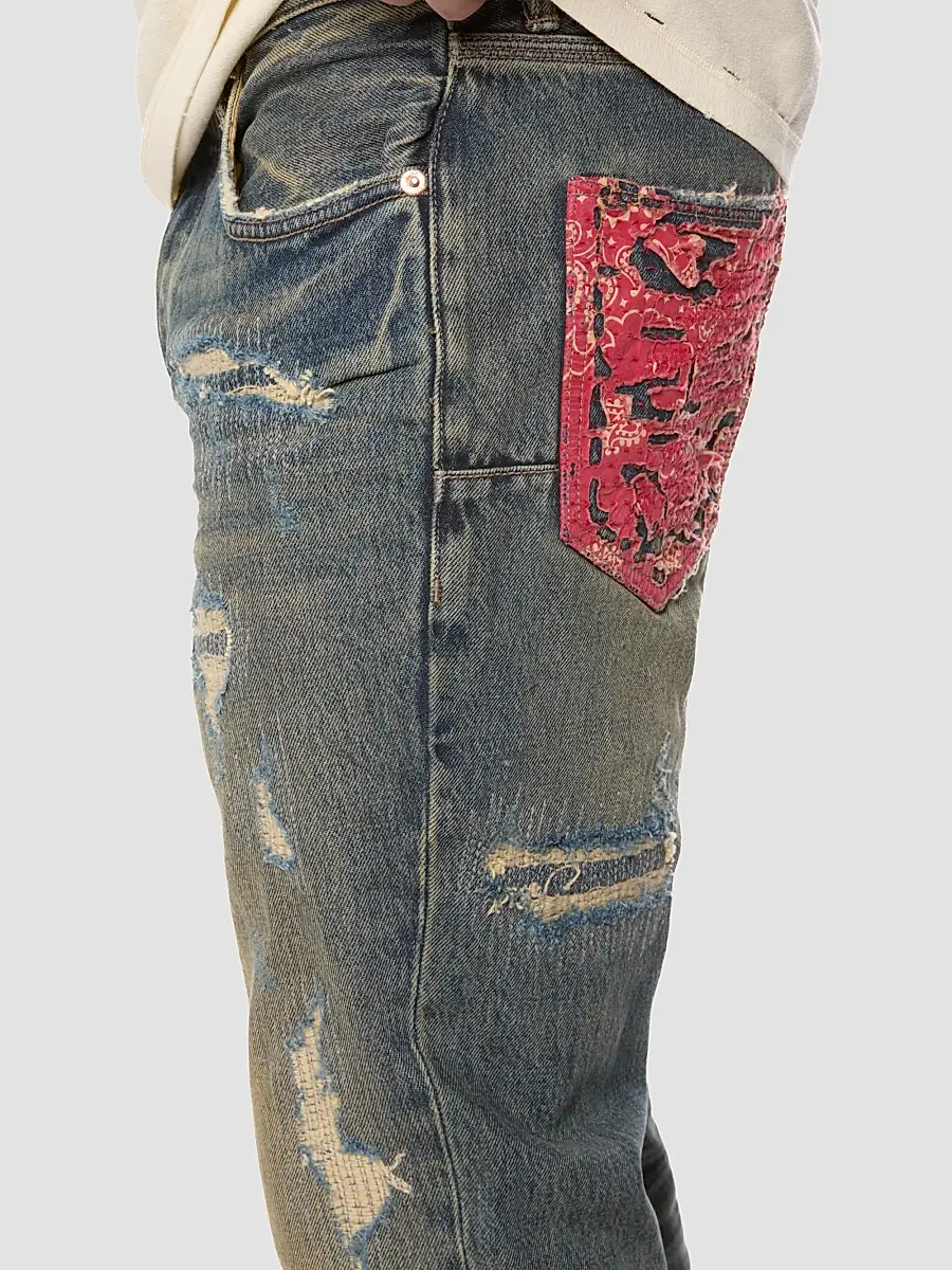 Purple Brand Men's Quilted Destroyed Mid Indigo Bootcut Jeans | Thumbnail 3 Purple Brand Men's Quilted Destroyed Mid Indigo Bootcut Jeans | Thumbnail 3