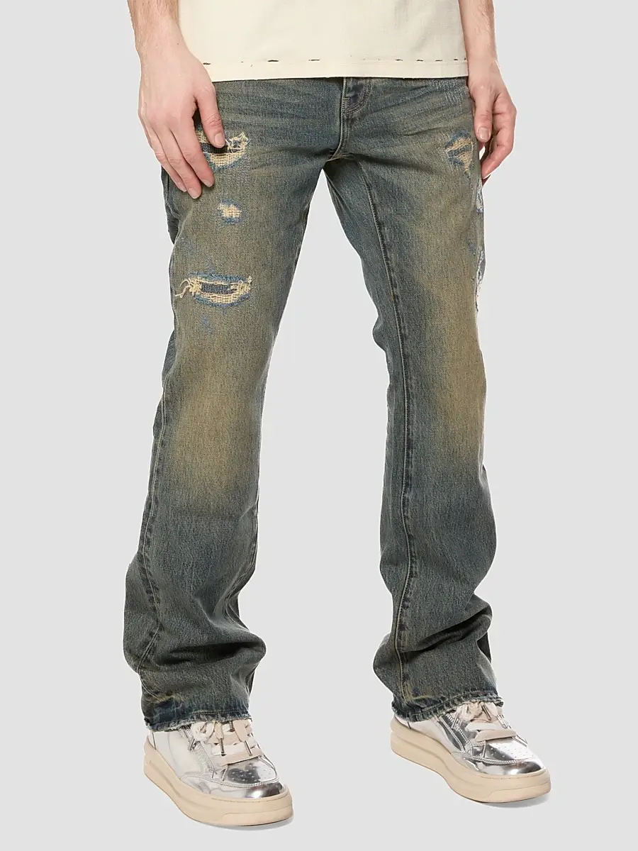 Purple Brand Men's Quilted Destroyed Mid Indigo Bootcut Jeans | Thumbnail 4 Purple Brand Men's Quilted Destroyed Mid Indigo Bootcut Jeans | Thumbnail 4
