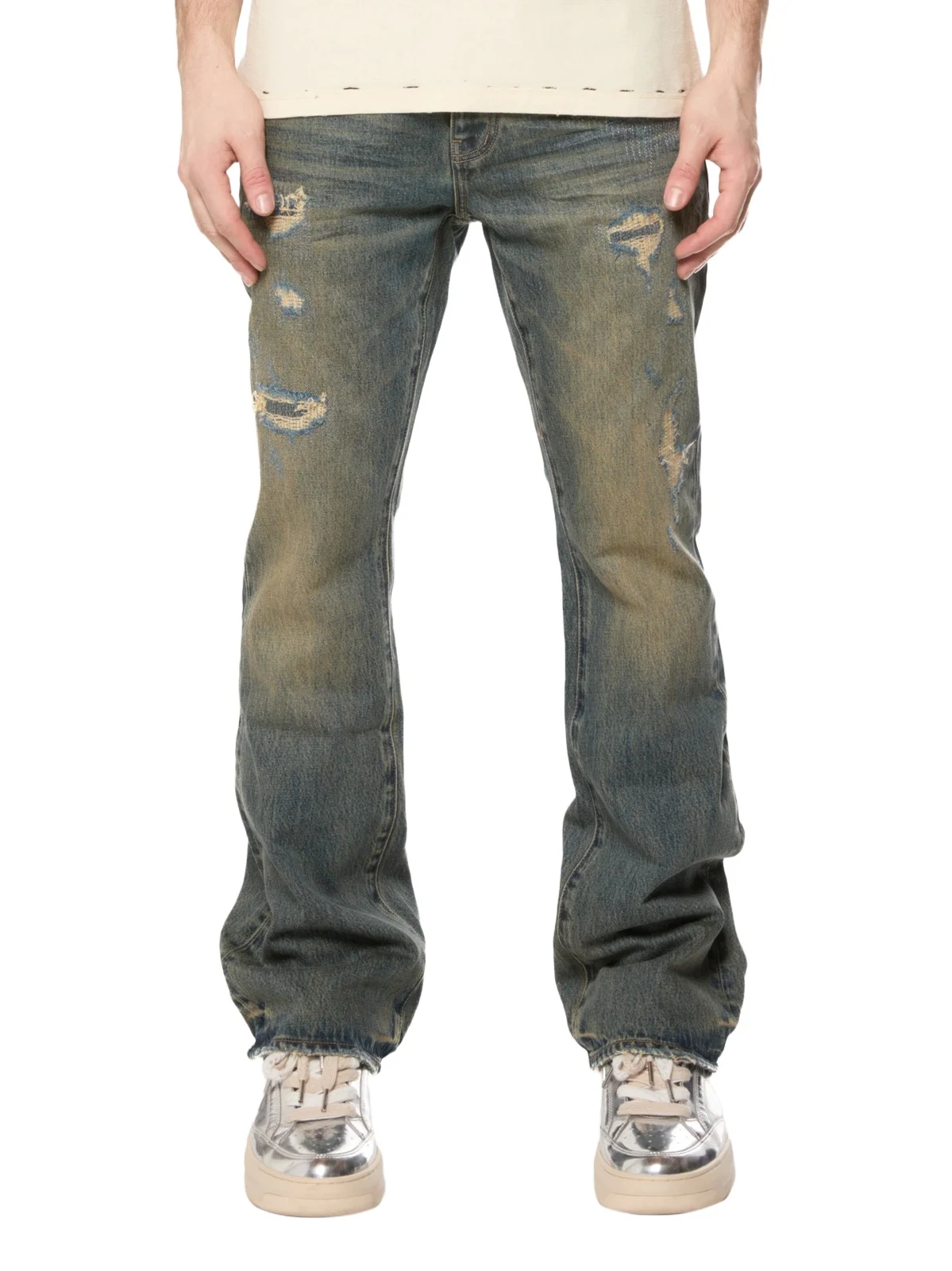 Men's Quilted Destroyed Mid Indigo Bootcut Jeans Men's Quilted Destroyed Mid Indigo Bootcut Jeans