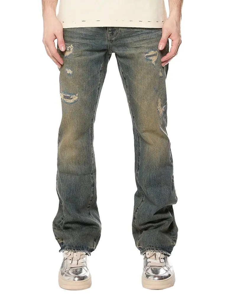 Purple Brand Men's Quilted Destroyed Mid Indigo Bootcut Jeans - Medium Indigo | Image 1 Purple Brand Men's Quilted Destroyed Mid Indigo Bootcut Jeans - Medium Indigo | Image 1