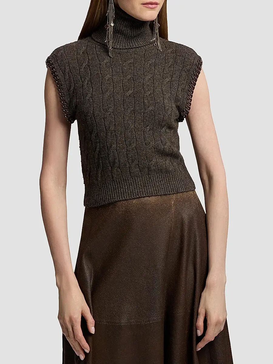 Ralph Lauren Collection Women's Chain-Trim Cable Sleeveless Turtleneck Top | Thumbnail 4 Ralph Lauren Collection Women's Chain-Trim Cable Sleeveless Turtleneck Top | Thumbnail 4
