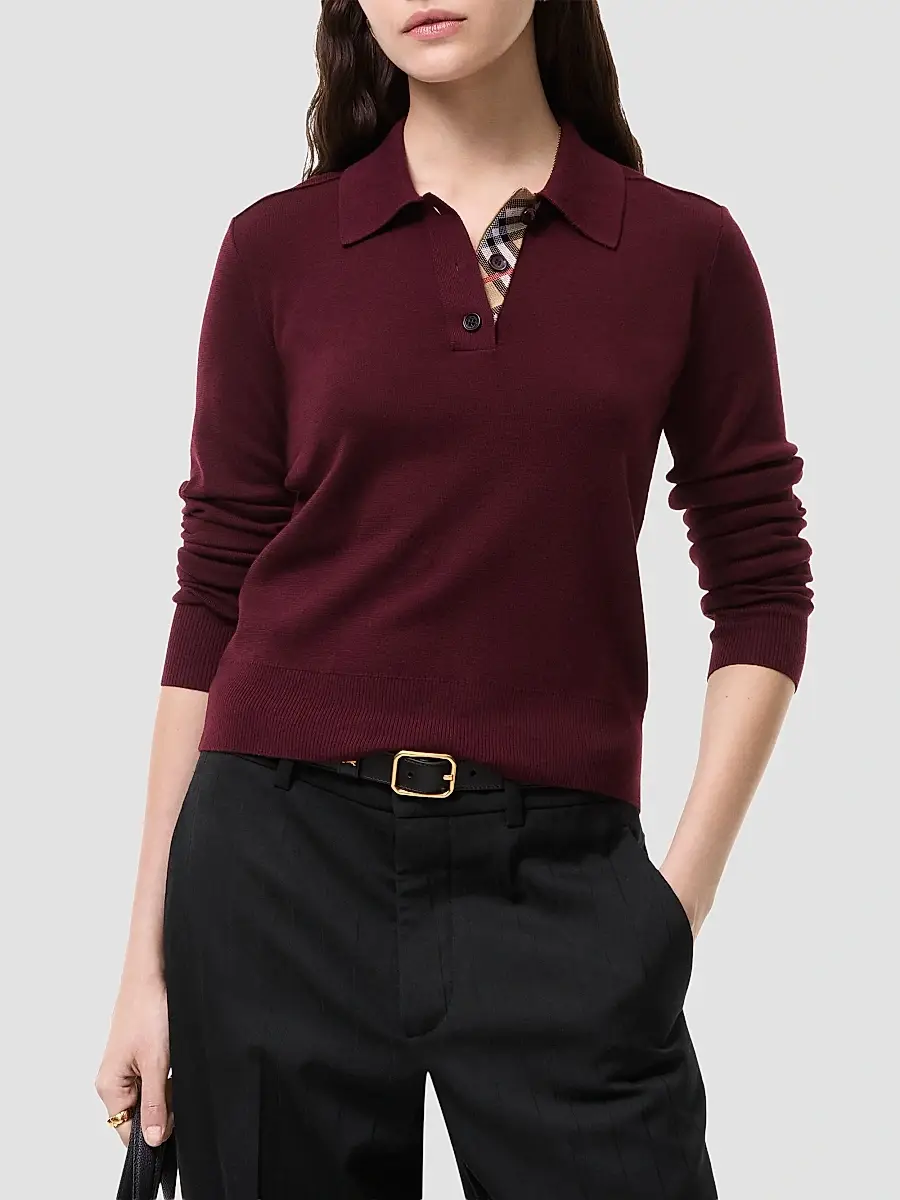 Burberry Women's Mandy Wool Long-Sleeve Polo Shirt | Thumbnail 2