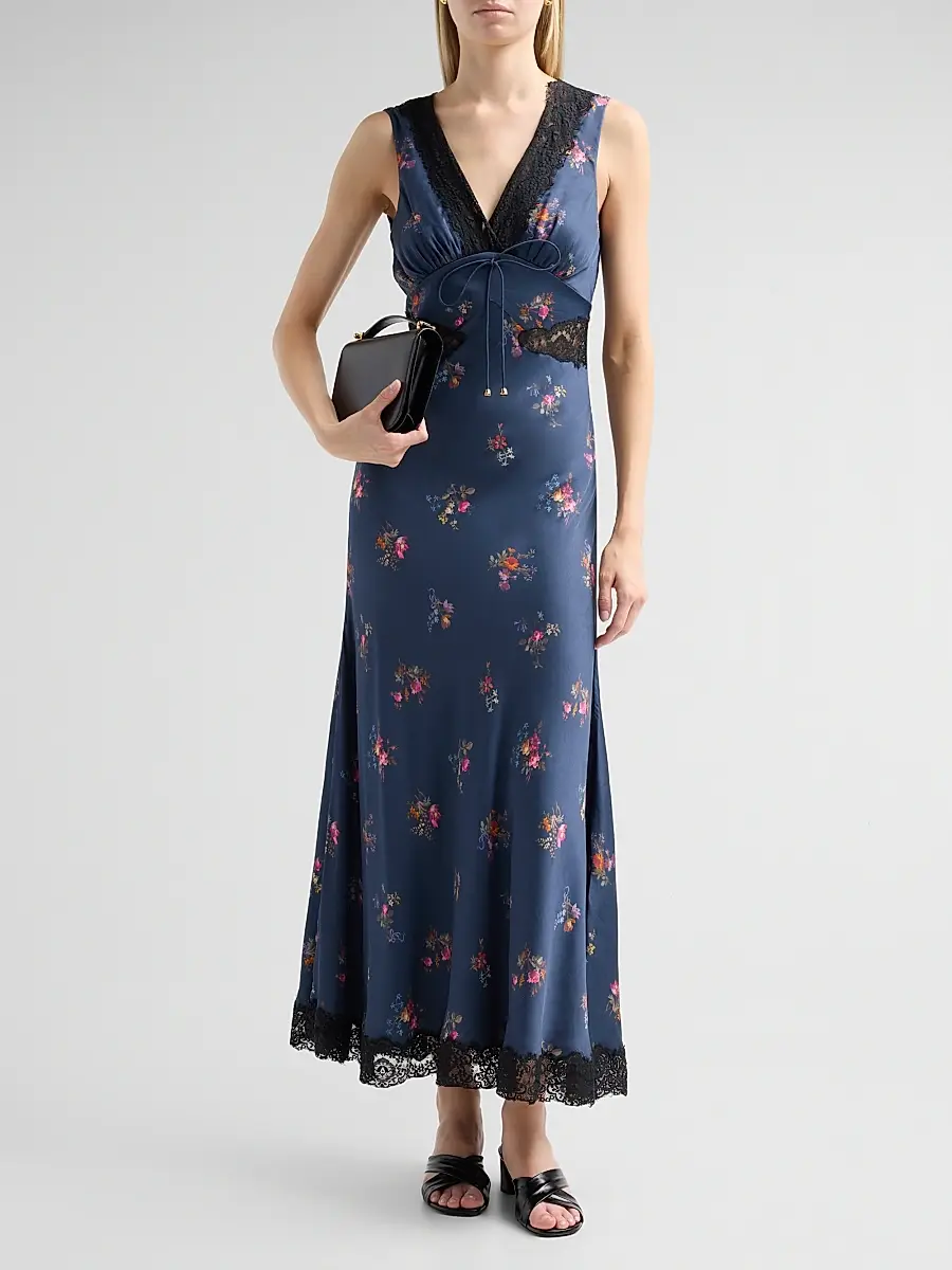 Self-Portrait Women's Inset-Lace Printed Satin Midi Dress | Thumbnail 2