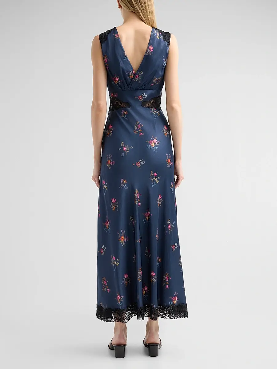 Self-Portrait Women's Inset-Lace Printed Satin Midi Dress | Thumbnail 3