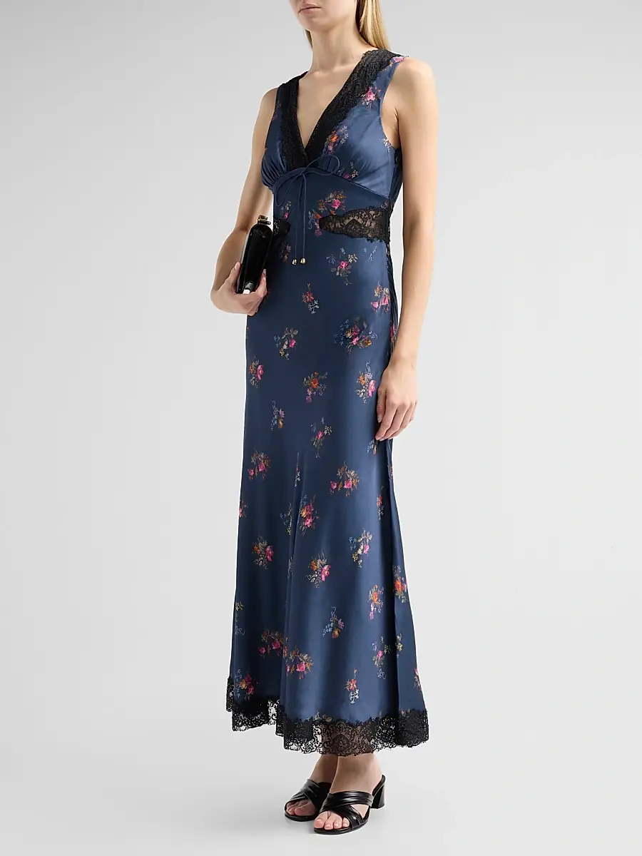 Self-Portrait Women's Inset-Lace Printed Satin Midi Dress | Thumbnail 4