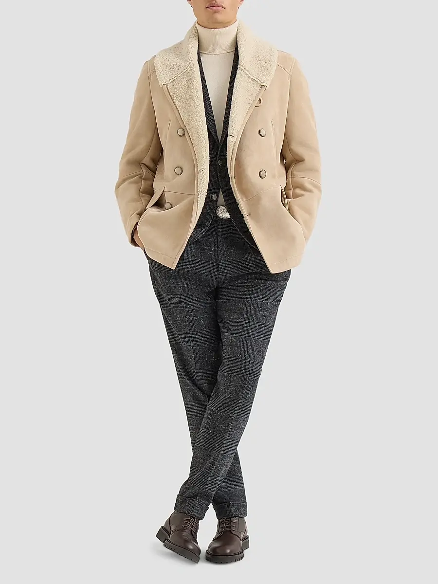 Brunello Cucinelli Men's Suede Curly Shearling Peacoat with Shawl Collar - Sand | Thumbnail 2