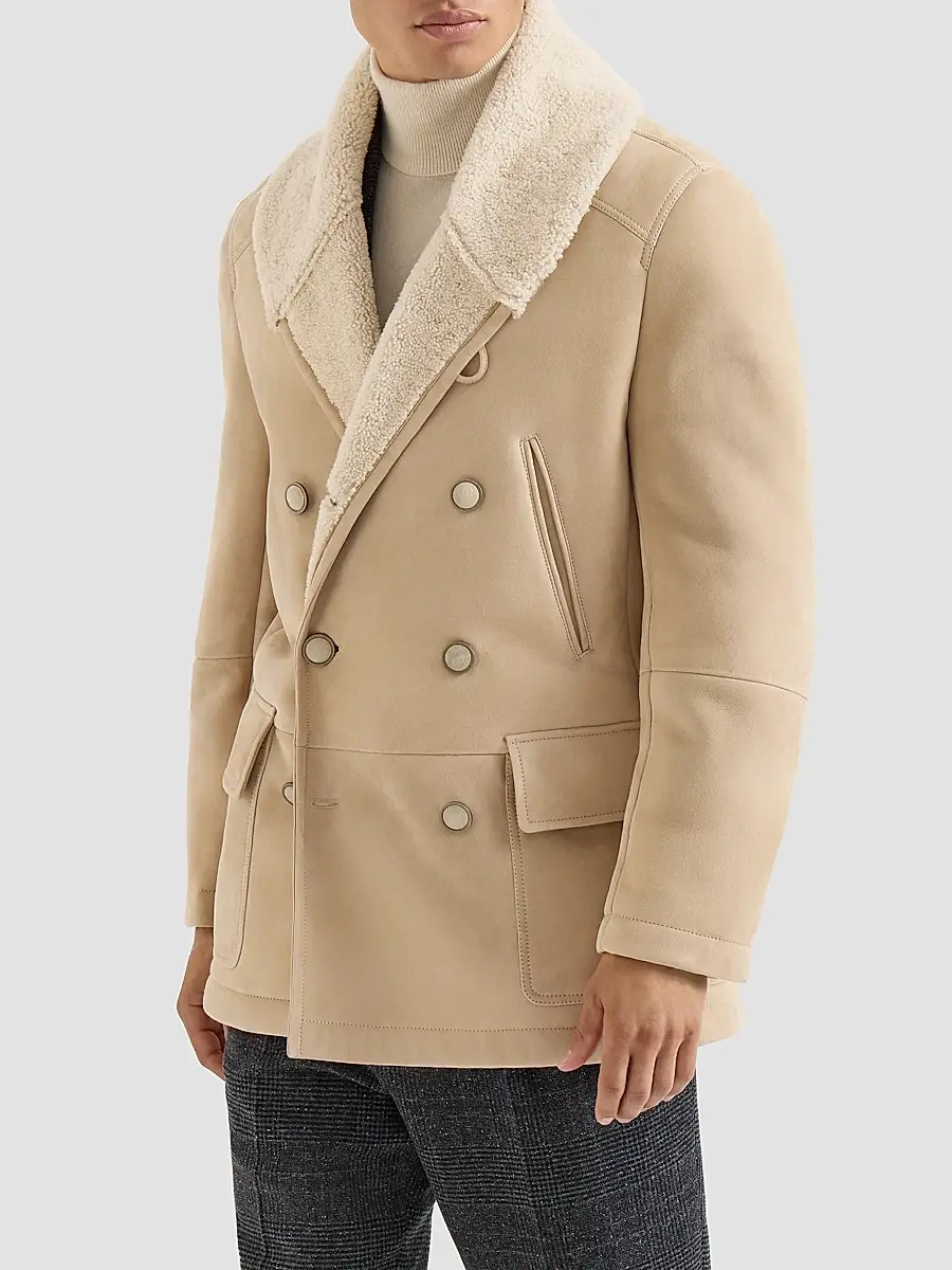 Brunello Cucinelli Men's Suede Curly Shearling Peacoat with Shawl Collar - Sand | Thumbnail 3