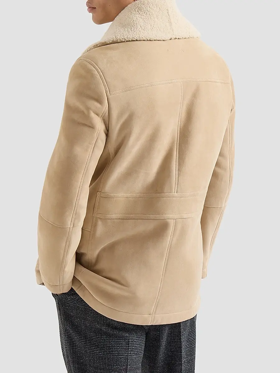 Brunello Cucinelli Men's Suede Curly Shearling Peacoat with Shawl Collar - Sand | Thumbnail 4