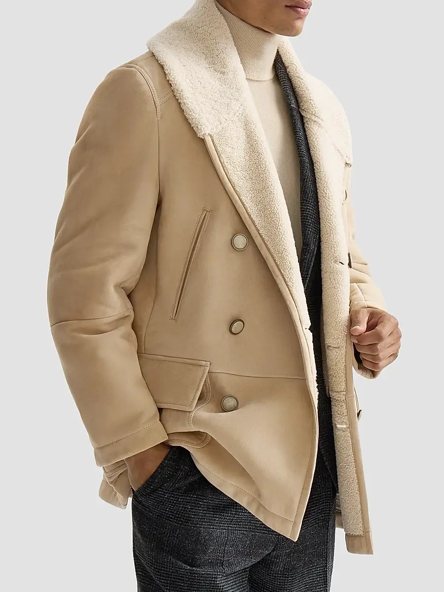 Brunello Cucinelli Men's Suede Curly Shearling Peacoat with Shawl Collar - Sand | Thumbnail 5