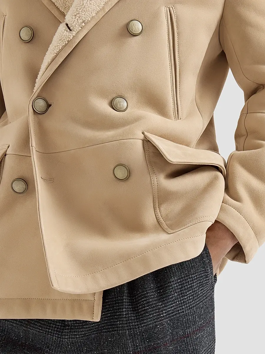 Brunello Cucinelli Men's Suede Curly Shearling Peacoat with Shawl Collar - Sand | Thumbnail 6
