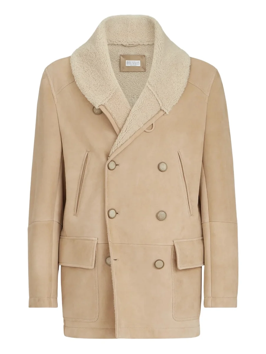 Men's Suede Curly Shearling Peacoat with Shawl Collar - Sand Men's Suede Curly Shearling Peacoat with Shawl Collar - Sand