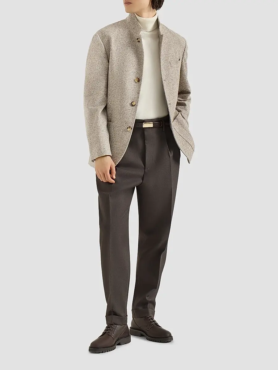 Brunello Cucinelli Men's Cashmere and Silk Diagonal Outerwear Blazer with Patch Pockets - Sand | Thumbnail 2