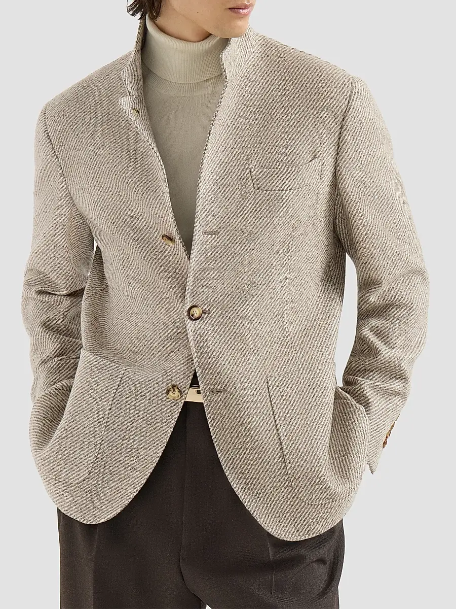 Brunello Cucinelli Men's Cashmere and Silk Diagonal Outerwear Blazer with Patch Pockets - Sand | Thumbnail 3