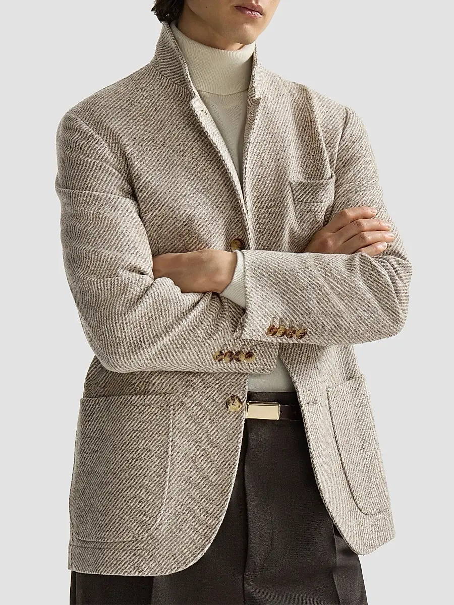 Brunello Cucinelli Men's Cashmere and Silk Diagonal Outerwear Blazer with Patch Pockets - Sand | Thumbnail 5