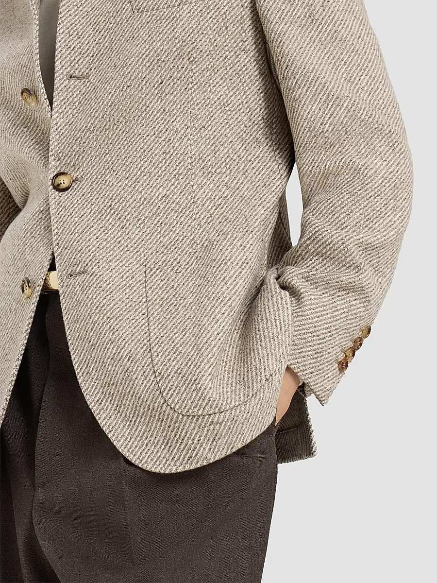 Brunello Cucinelli Men's Cashmere and Silk Diagonal Outerwear Blazer with Patch Pockets - Sand | Thumbnail 6
