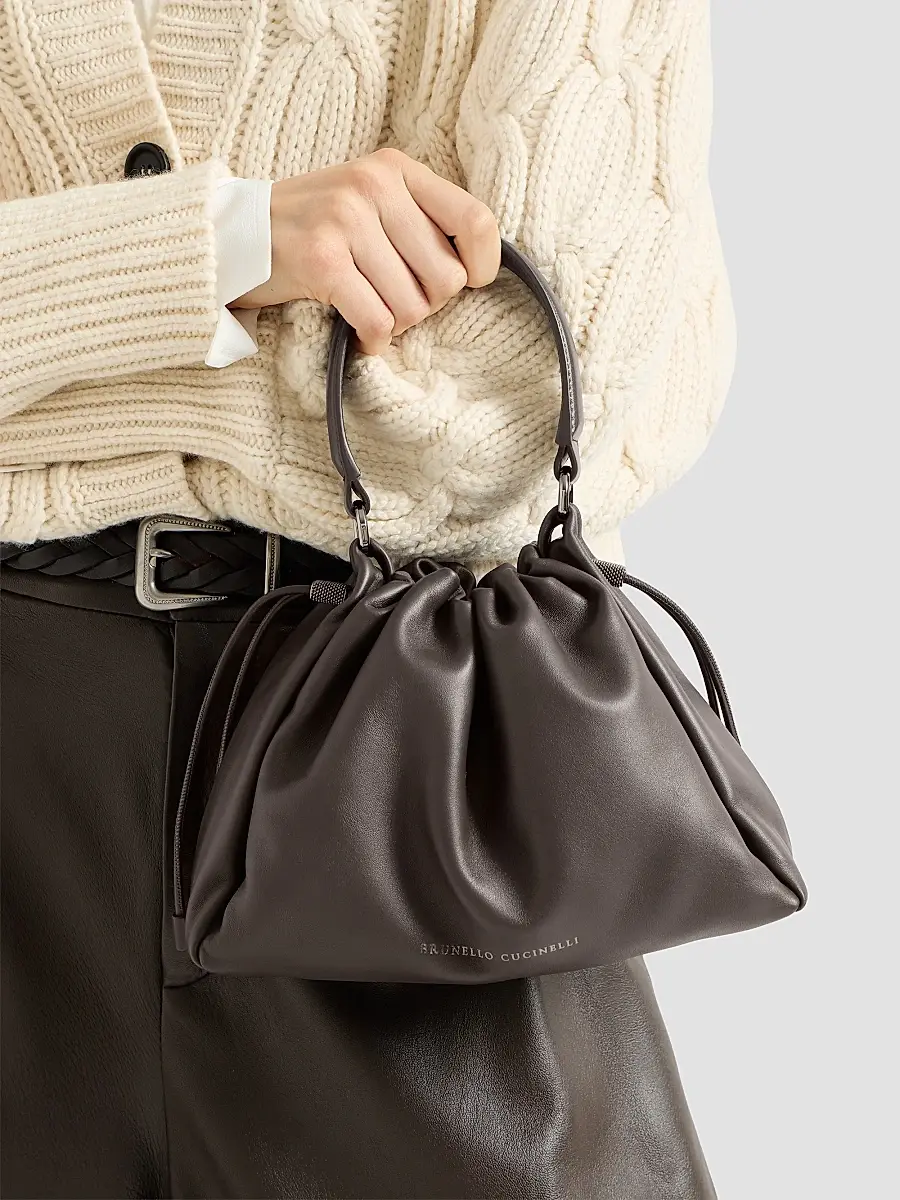 Brunello Cucinelli Women's Mellow Small Bucket Bag in Soft Leather with Monili - Rust Brown | Thumbnail 2 Brunello Cucinelli Women's Mellow Small Bucket Bag in Soft Leather with Monili - Rust Brown | Thumbnail 2