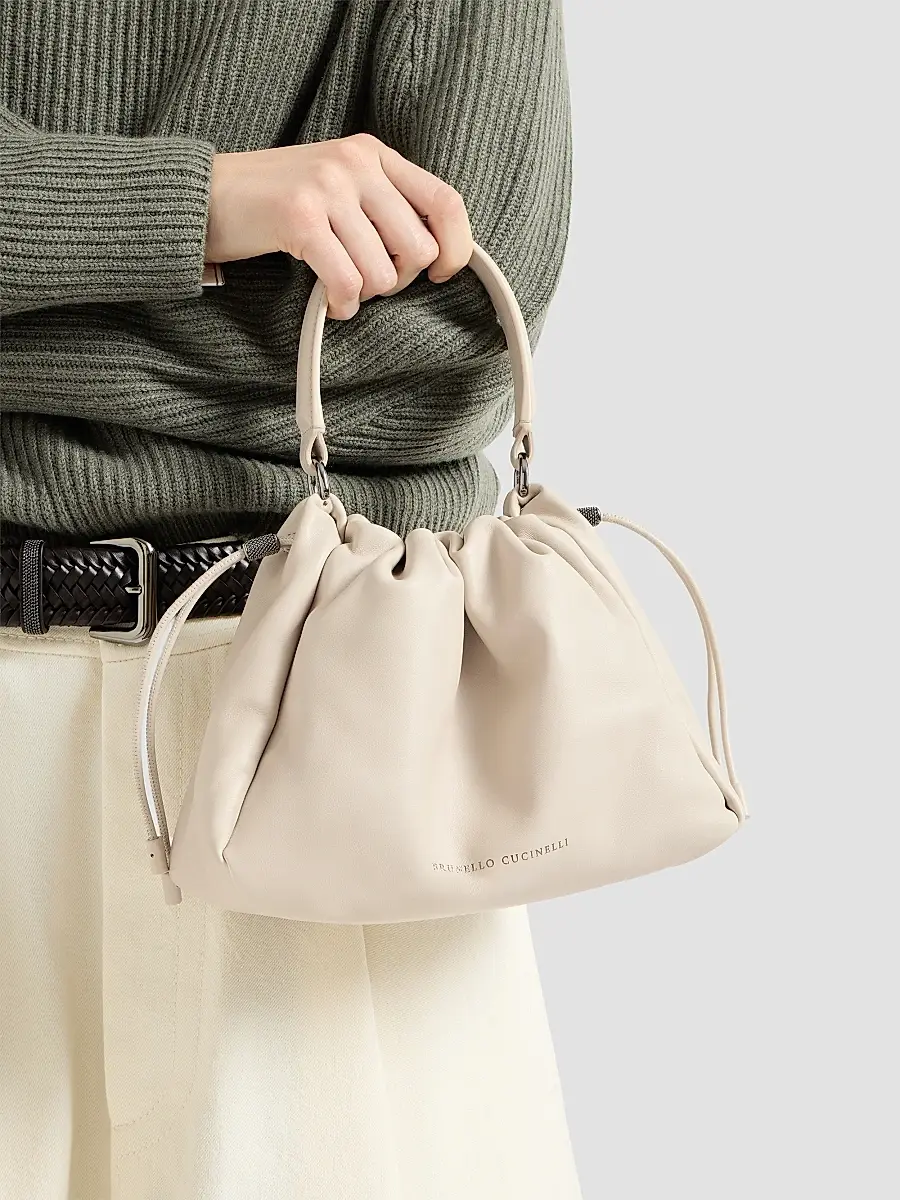Brunello Cucinelli Women's Mellow Small Bucket Bag in Soft Leather with Monili - Ivory | Thumbnail 2 Brunello Cucinelli Women's Mellow Small Bucket Bag in Soft Leather with Monili - Ivory | Thumbnail 2