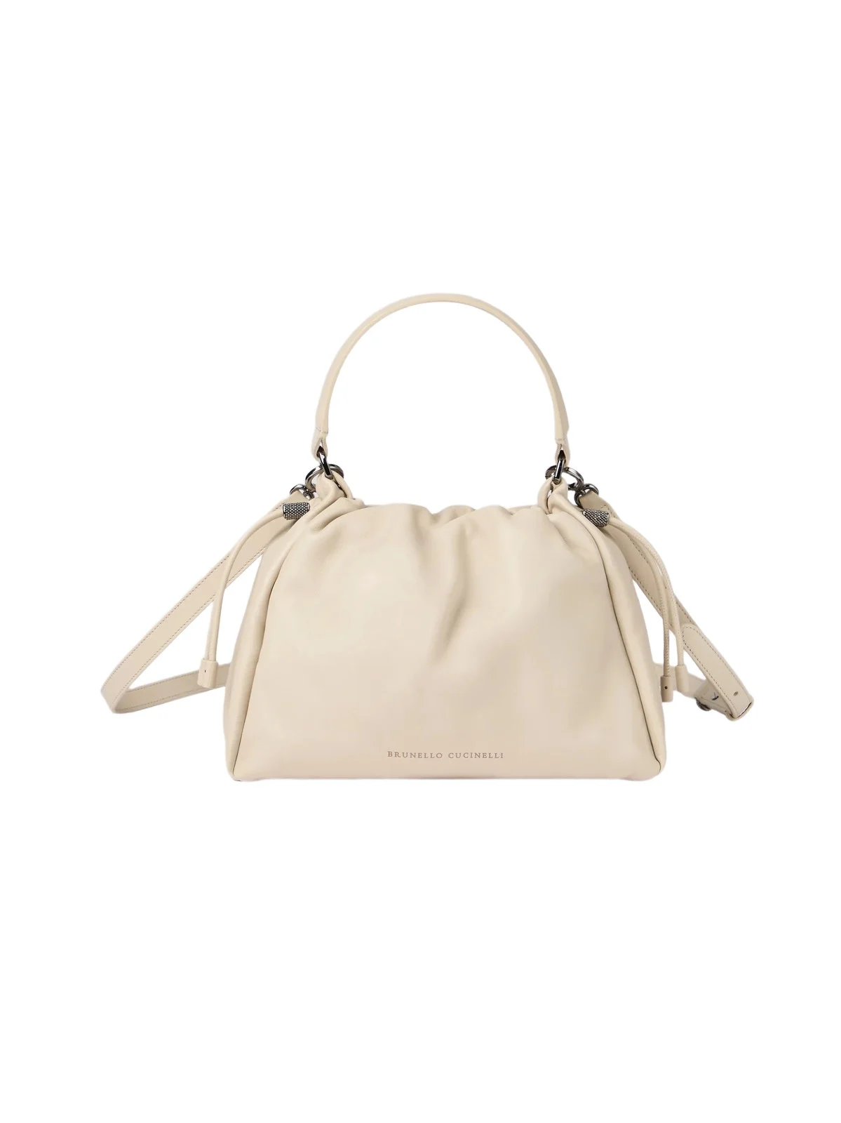 Women's Mellow Small Bucket Bag in Soft Leather with Monili - Ivory