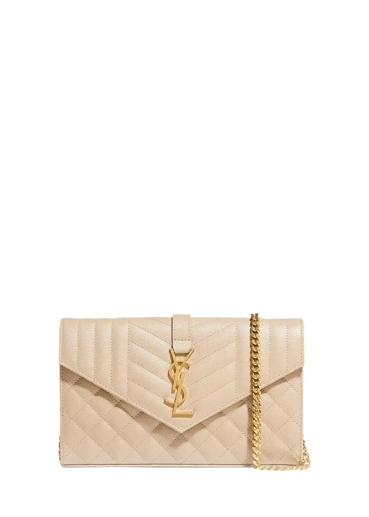 Saint Laurent Envelope Triquilt YSL Crossbody in Grained Leather | Image 1 Saint Laurent Envelope Triquilt YSL Crossbody in Grained Leather | Image 1