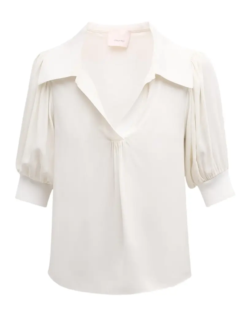 Cinq à Sept Weldon Collared V-Neck Short-Sleeve Silk Combo Top | Image 1 Cinq à Sept Weldon Collared V-Neck Short-Sleeve Silk Combo Top | Image 1