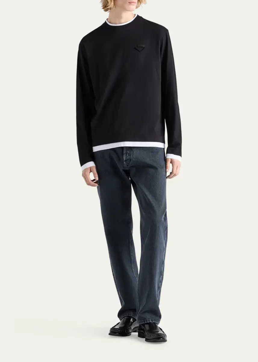 Prada Men's Tipped Cotton Long-Sleeve T-Shirt | Thumbnail 2 Prada Men's Tipped Cotton Long-Sleeve T-Shirt | Thumbnail 2