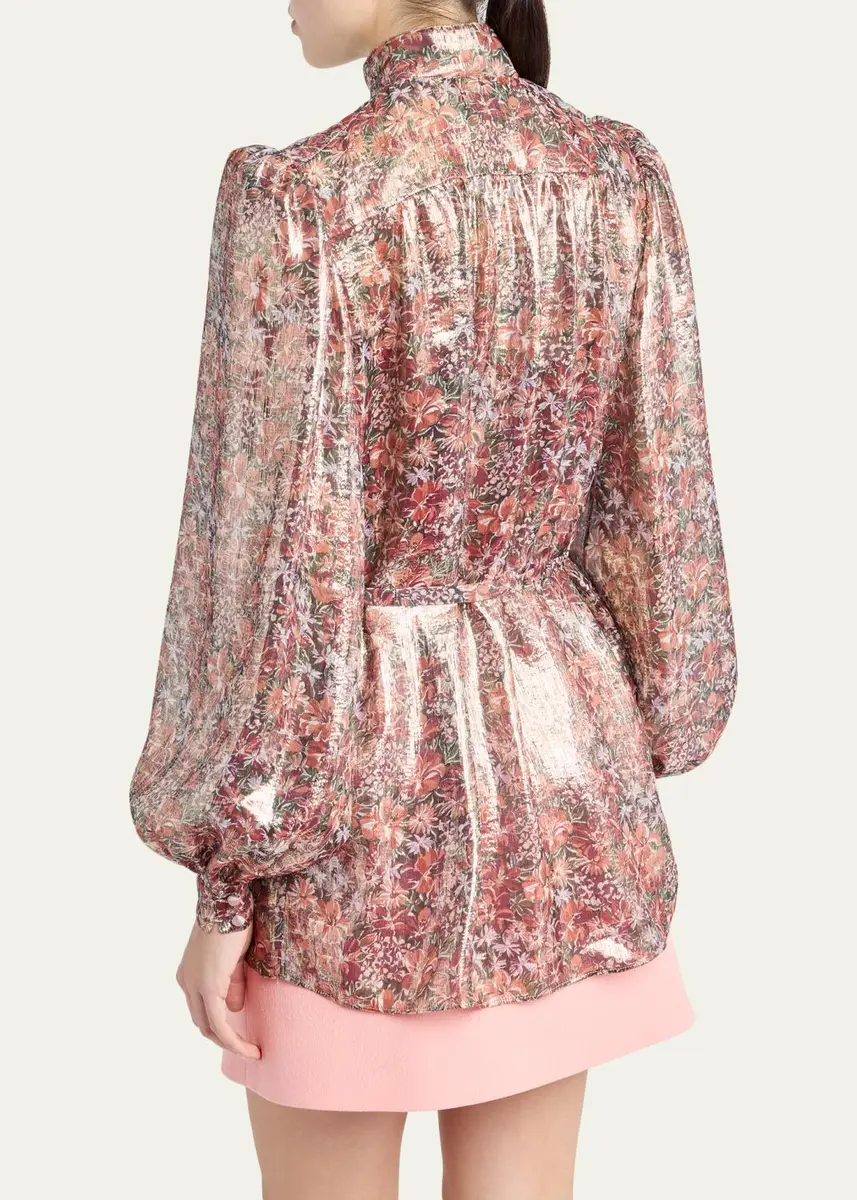 Valentino Garavani Metallic Floral Balloon-Sleeve Button-Down Shirt | Thumbnail 2 Valentino Garavani Metallic Floral Balloon-Sleeve Button-Down Shirt | Thumbnail 2