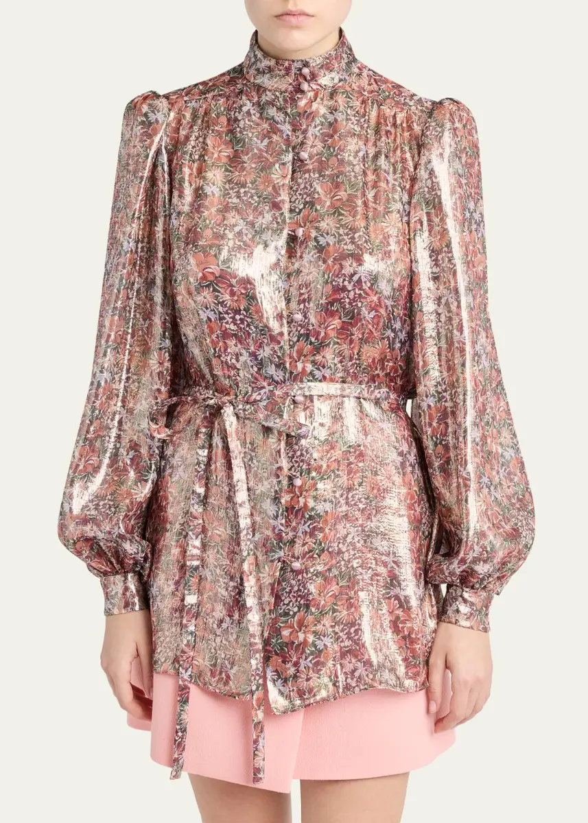 Valentino Garavani Metallic Floral Balloon-Sleeve Button-Down Shirt | Thumbnail 3 Valentino Garavani Metallic Floral Balloon-Sleeve Button-Down Shirt | Thumbnail 3