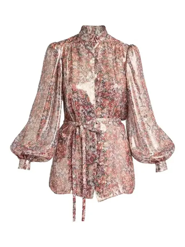 Metallic Floral Balloon-Sleeve Button-Down Shirt Metallic Floral Balloon-Sleeve Button-Down Shirt