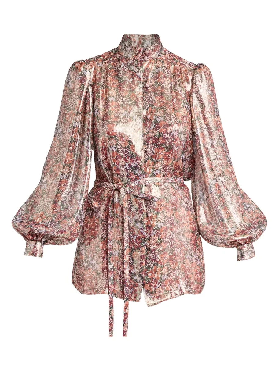 Valentino Garavani Metallic Floral Balloon-Sleeve Button-Down Shirt