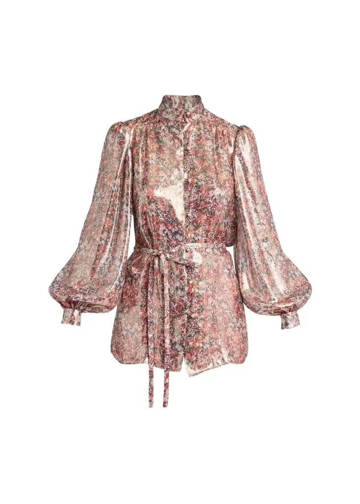 Valentino Garavani Metallic Floral Balloon-Sleeve Button-Down Shirt | Image 1 Valentino Garavani Metallic Floral Balloon-Sleeve Button-Down Shirt | Image 1