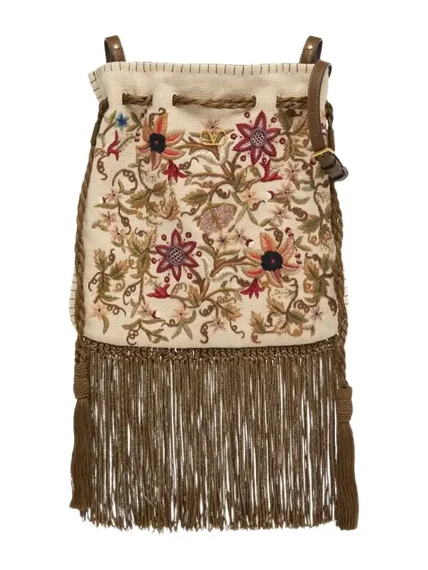 Fringed Floral-Embroidered Pouch Shoulder bag Fringed Floral-Embroidered Pouch Shoulder bag