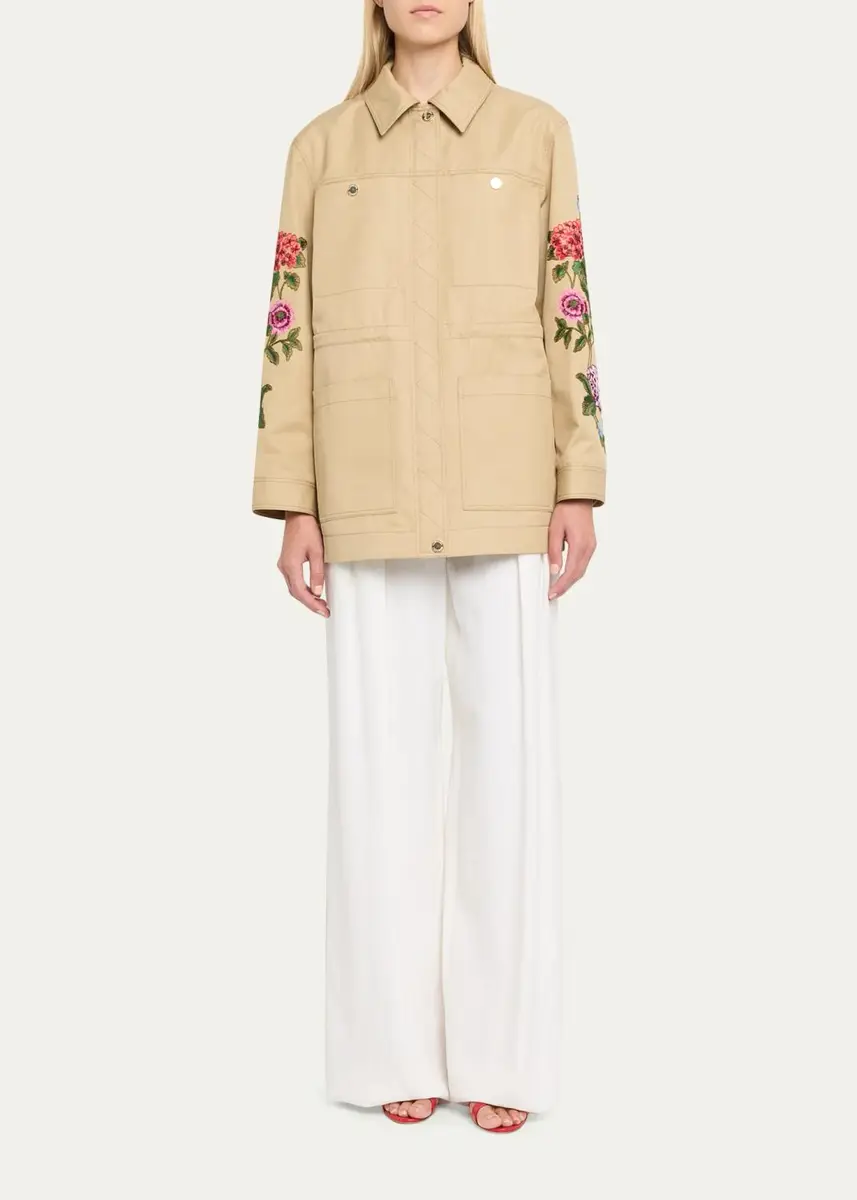 Carolina Herrera Floral Embroidered Cotton Twill Zip Utility Jacket | Thumbnail 2 Carolina Herrera Floral Embroidered Cotton Twill Zip Utility Jacket | Thumbnail 2