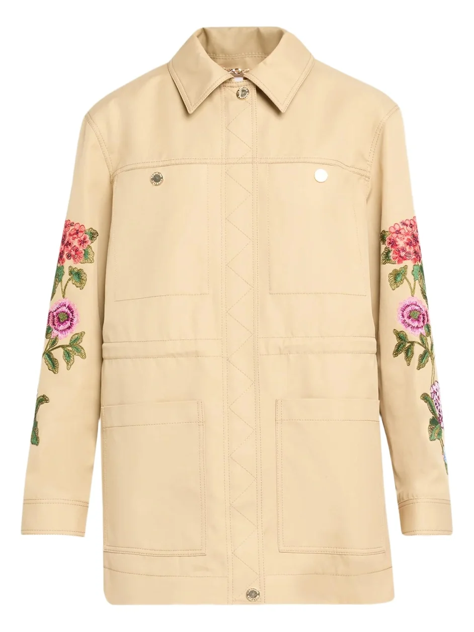 Carolina Herrera Floral Embroidered Cotton Twill Zip Utility Jacket