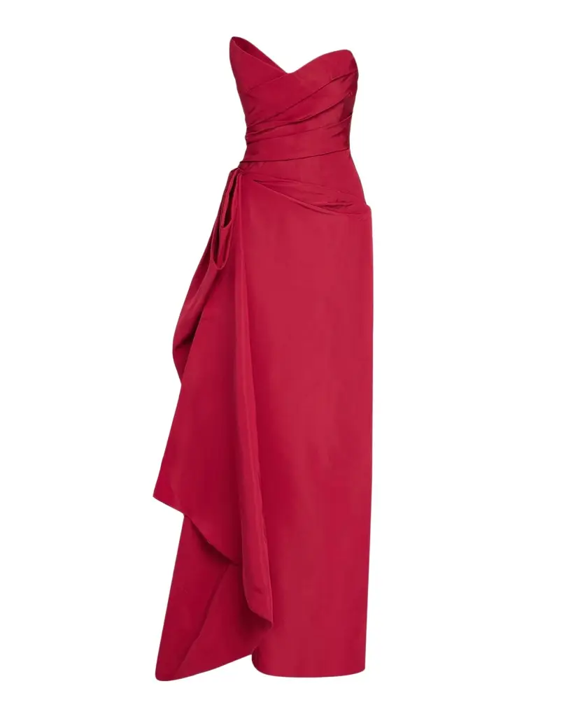 MONIQUE LHUILLIER Strapless Sculptural Draped Silk Faile Gown | Image 1 MONIQUE LHUILLIER Strapless Sculptural Draped Silk Faile Gown | Image 1