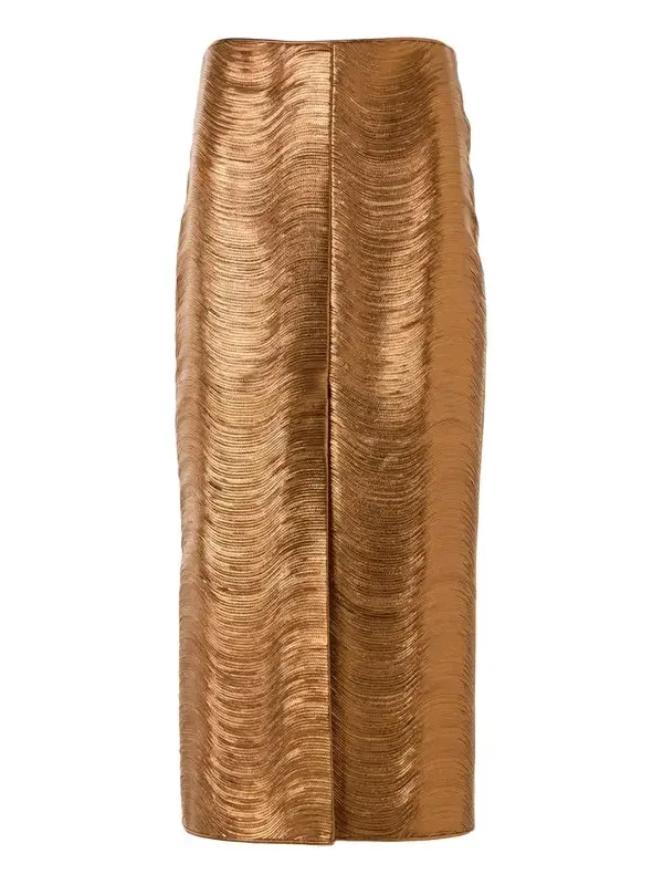 Embroidered Lame Nappa Leather Midi Pencil Skirt
