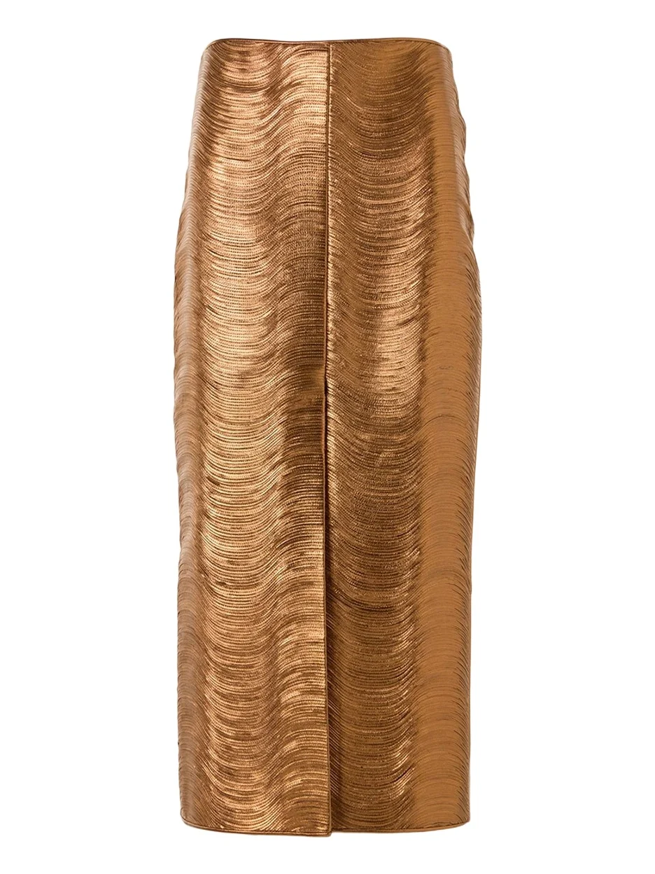 Embroidered Lame Nappa Leather Midi Pencil Skirt