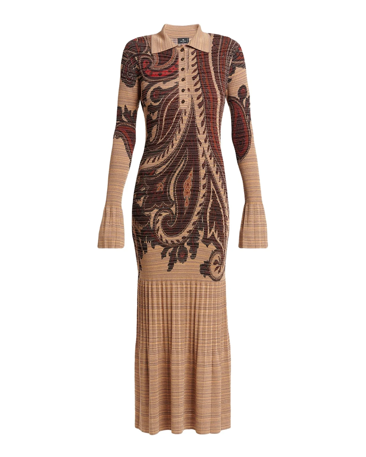 Paisley Stripe Pleated Knit Midi Polo Dress