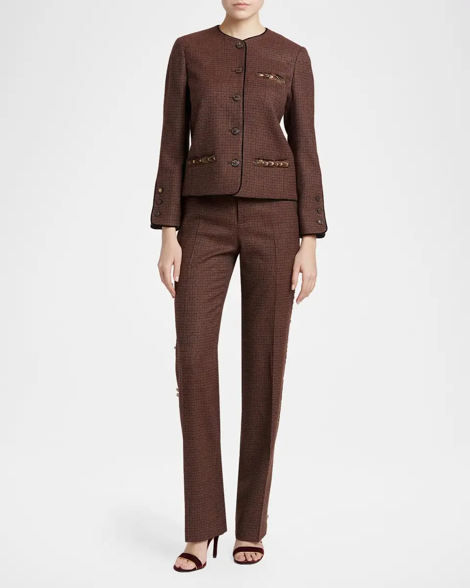 Etro Feather-Trim Houndstooth Wool Single-Breasted Jacket | Thumbnail 2 Etro Feather-Trim Houndstooth Wool Single-Breasted Jacket | Thumbnail 2