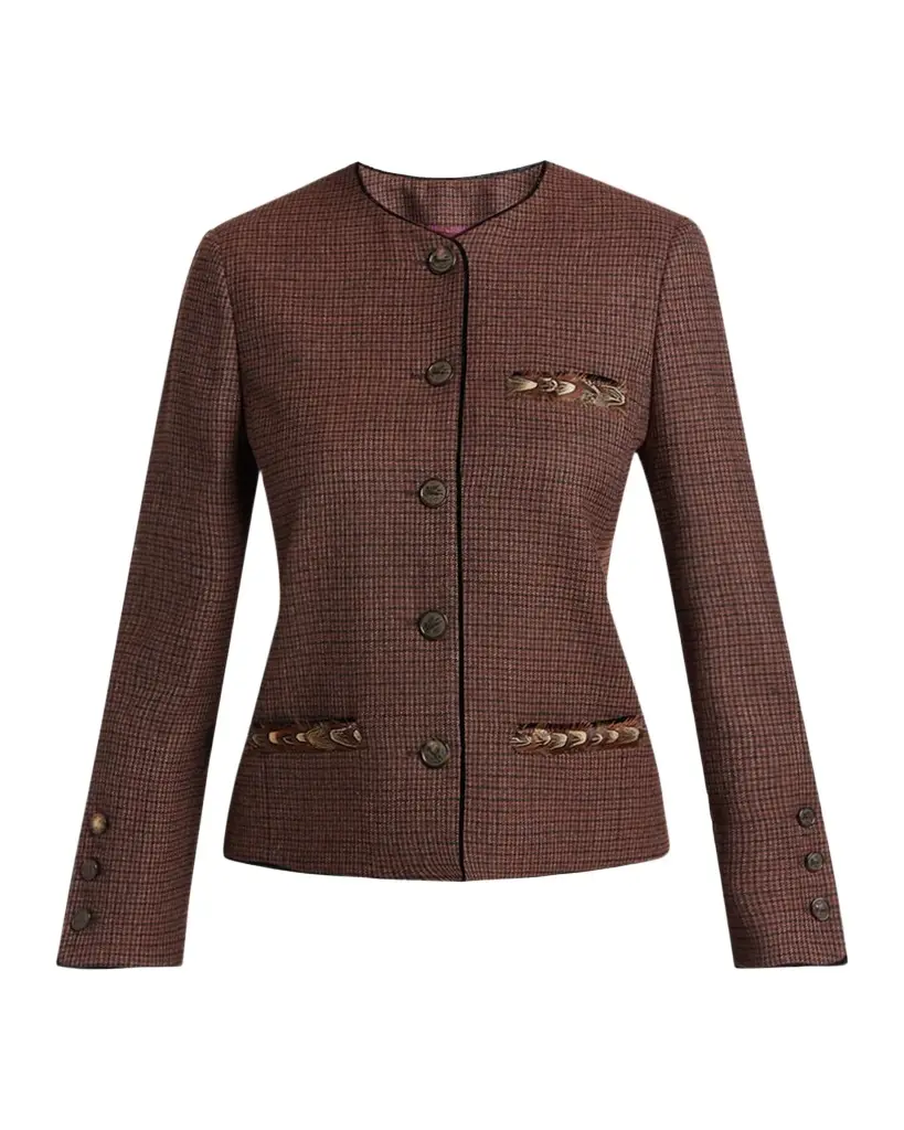 Etro Feather-Trim Houndstooth Wool Single-Breasted Jacket | Image 1 Etro Feather-Trim Houndstooth Wool Single-Breasted Jacket | Image 1