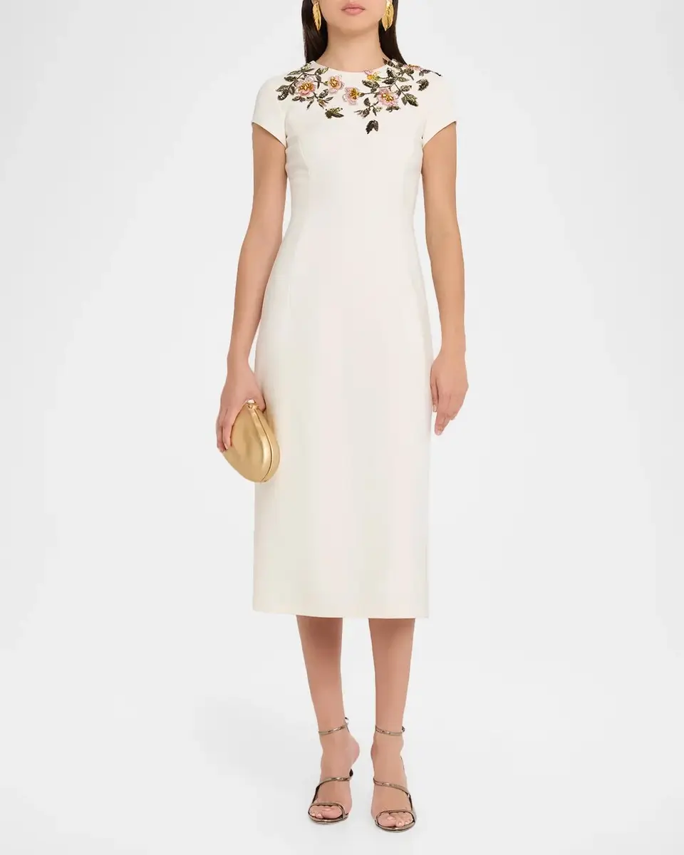 Oscar de la Renta Short-Sleeve Beaded Sheath Midi Dress | Thumbnail 2 Oscar de la Renta Short-Sleeve Beaded Sheath Midi Dress | Thumbnail 2