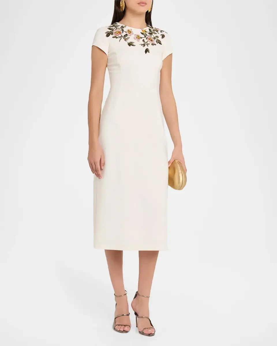 Oscar de la Renta Short-Sleeve Beaded Sheath Midi Dress | Thumbnail 4 Oscar de la Renta Short-Sleeve Beaded Sheath Midi Dress | Thumbnail 4