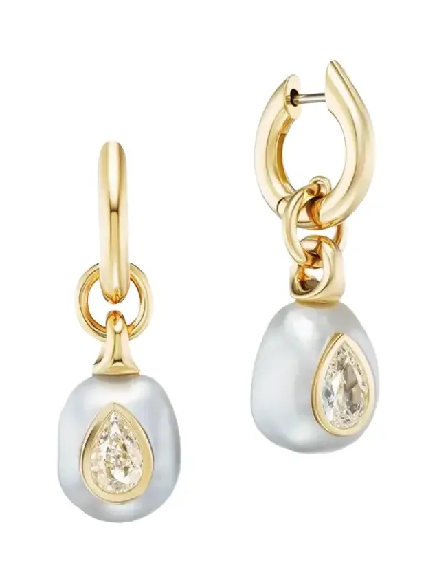 Uniform Object 18K South Sea Pearl Drop Carriage Huggie Earrings with Pear Brilliant Diamonds