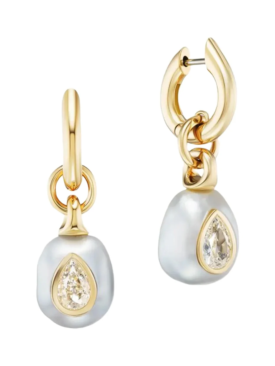 18K South Sea Pearl Drop Carriage Huggie Earrings with Pear Brilliant Diamonds 18K South Sea Pearl Drop Carriage Huggie Earrings with Pear Brilliant Diamonds