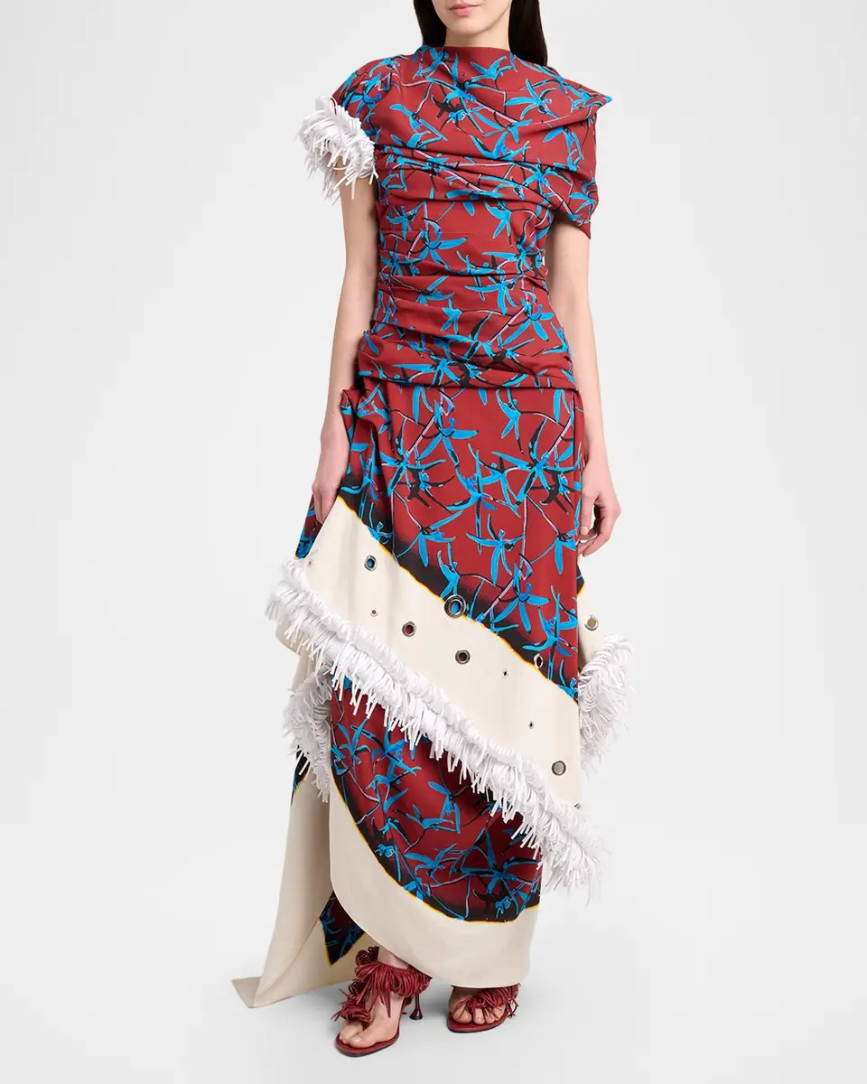 Proenza Schouler Bodine Asymmetric Draped Grommet Fringe High-Low Dress | Thumbnail 2