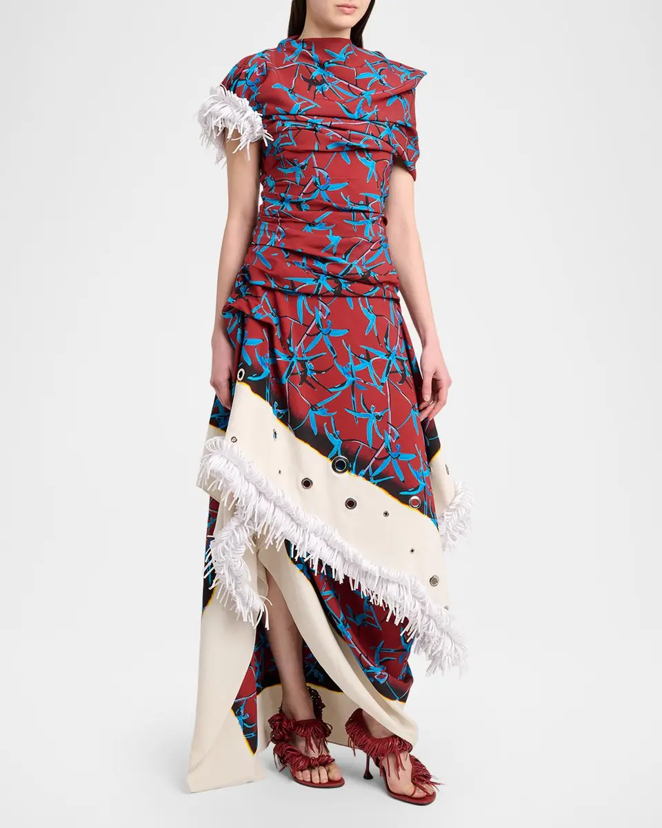 Proenza Schouler Bodine Asymmetric Draped Grommet Fringe High-Low Dress | Thumbnail 4
