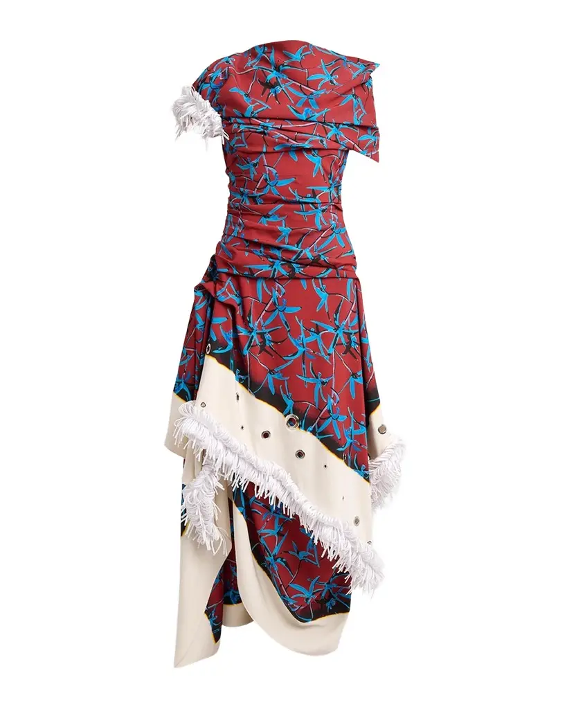 Proenza Schouler Bodine Asymmetric Draped Grommet Fringe High-Low Dress | Image 1 Proenza Schouler Bodine Asymmetric Draped Grommet Fringe High-Low Dress | Image 1
